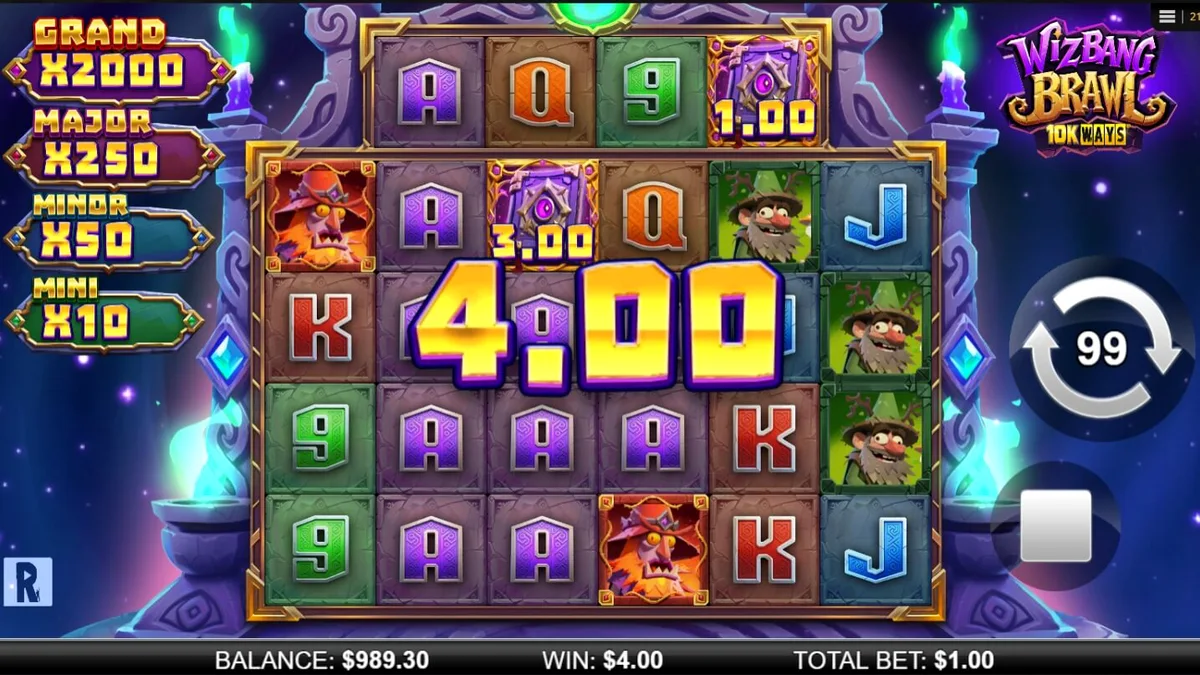 Visual penuh aksi dari slot Wizbang Brawl 10K Ways dengan tema penyihir