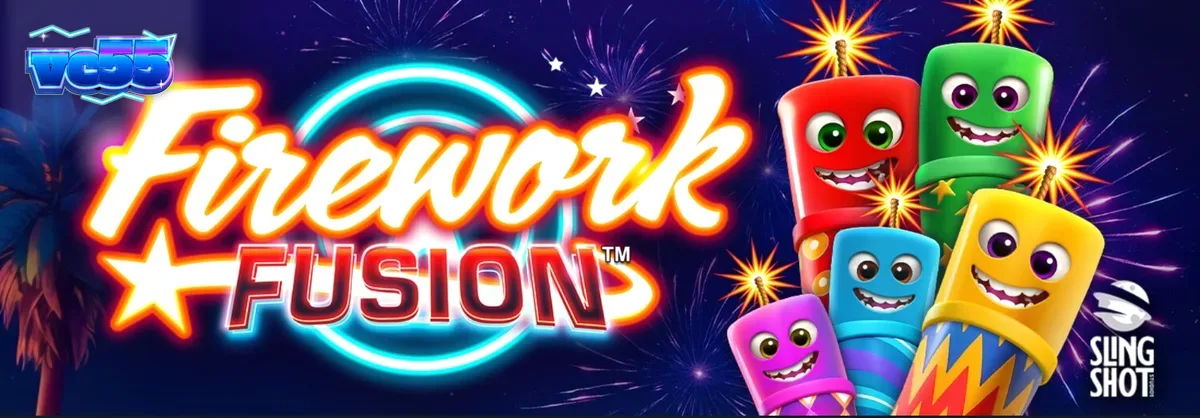 Tampilan visual penuh warna dari slot Firework Fusion dengan latar belakang kembang api di tepi pantai.